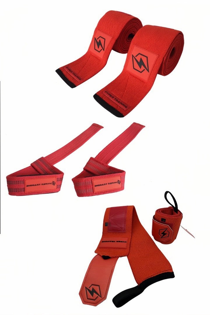 KNEE WRAP, WRIST WRAP AND LIFTING STRAP BUNDLE - RED