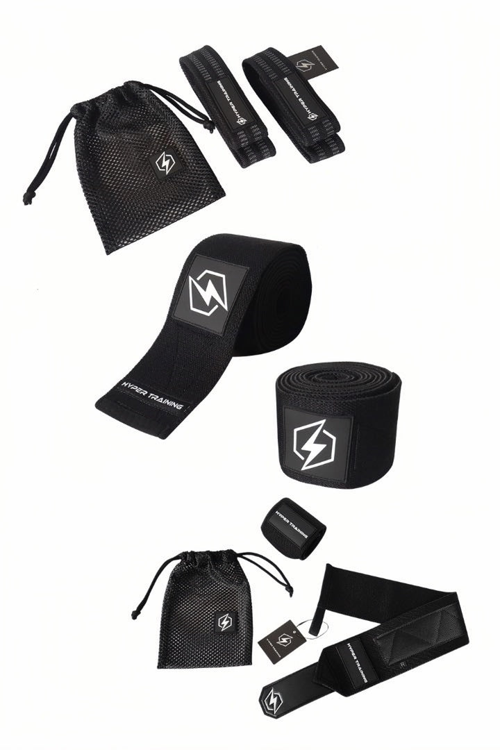 KNEE WRAP, WRIST WRAP AND LIFTING STRAP BUNDLE - BLACK
